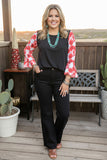 Red floral printed 3/4 bell sleeve & black women boutique top XCH15463 (CS1)