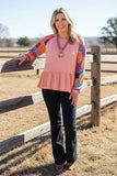 Chic pink & floral print long sleeve women blouse with/ruffle bottom XCH15485 BS9