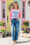 XCH15627 PRAISE THE LORD & flower pink raglan 3/4 sleeve women t-shirt  IS1