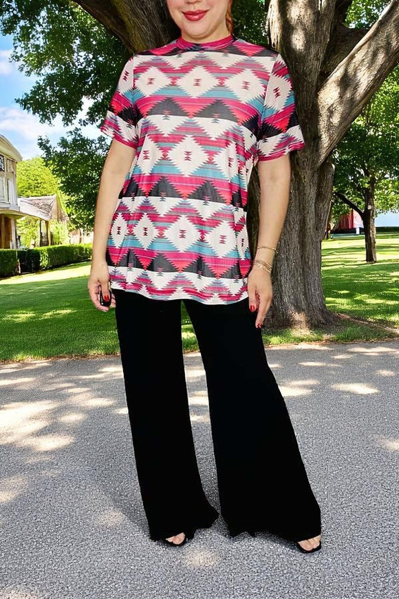 Western women's apparel wholesale aztec prints sheer short sleeve mesh top XCH15689