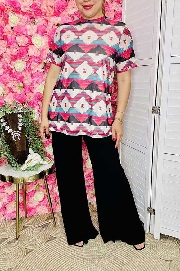 Western women's apparel wholesale aztec prints sheer short sleeve mesh top XCH15689 ES9