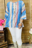 XCH15692 Turquoise & beige serape drop shoulder 3/4 sleeve women tunic