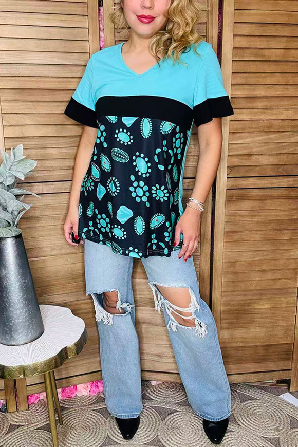 Western turquoise & black & jewels printed color block short sleeve women top XCH15693(GS9)