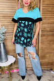 Western turquoise & black & jewels printed color block short sleeve women top XCH15693(GS9)