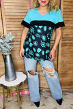 Western turquoise & black & jewels printed color block short sleeve women top XCH15693(GS9)