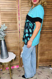 Western turquoise & black & jewels printed color block short sleeve women top XCH15693(GS9)