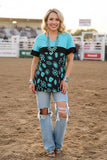 Western turquoise patchwork short sleeve women's boutique top XCH15693 (GS9)