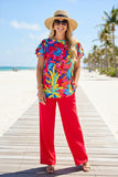 Chic floral printed top & pink straight pant women's boutique set XCH15734 (HS3)