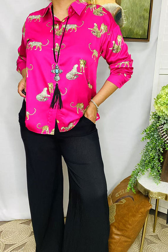 Women's blouse wholesale price cheetah printed fuchsia long sleeves buttons up XCH15820