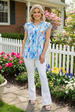 XCH15853 Light blue floral multi color printed black dot ruffle sleeve women's top w/string EF floor