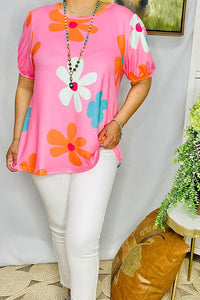 XCH15911 Pink floral printed & short sleeve women's top