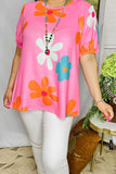 XCH15911 Pink floral printed & short sleeve women's top