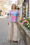 XCH15913 Fuchsia floral tie-dye printed short bell sleeve V-neckline women tops GS7