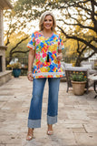Trendy floral print short sleeve white trim women's boutique top XCH15927 FS6