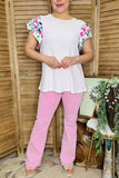 Women's t-shirt wholesale Floral sleeve & white color block ladies top XCH15932