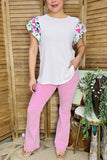 Women's t-shirt wholesale Floral sleeve & white color block ladies top XCH15932