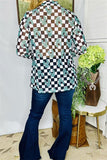 Women's clothing vendors western turquoise jewels & checkered prints long sleeve top XCH16110
