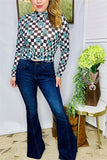 Women's clothing vendors western turquoise jewels & checkered prints long sleeve top XCH16110