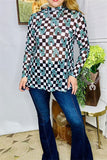 Women's clothing vendors western turquoise jewels & checkered prints long sleeve top XCH16110