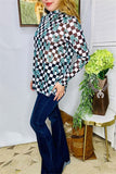 Women's clothing vendors western turquoise jewels & checkered prints long sleeve top XCH16110