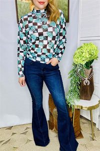 Western plus size women's clothing wholesale turquoise mesh long sleeve top XCH16111