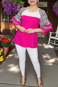 Blouse women's suppliers Ribbed knitted fabric Leopard & white & fuchsia color block bell sleeves XCH16117
