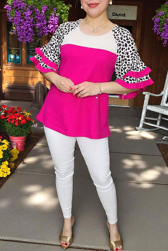 Blouse women's suppliers Ribbed knitted fabric Leopard & white & fuchsia color block bell sleeves XCH16117