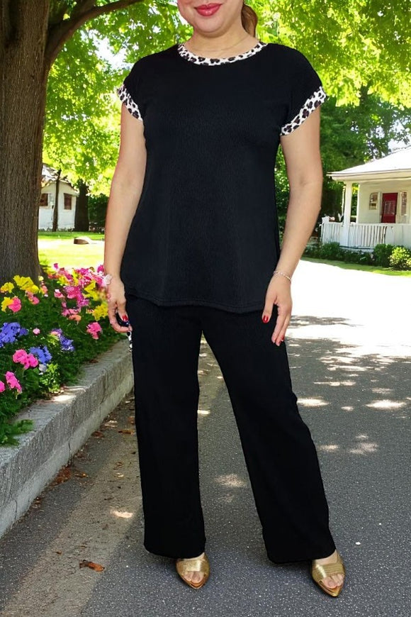 Women's apparel wholesale Black cotton fabric & leopard prints 2pc sets XCH16118-1