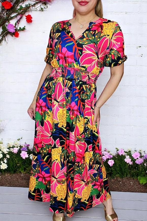 Wholesale maxi dress Multi color floral printed dress w/short sleeve with elastic cuff XCH16123
