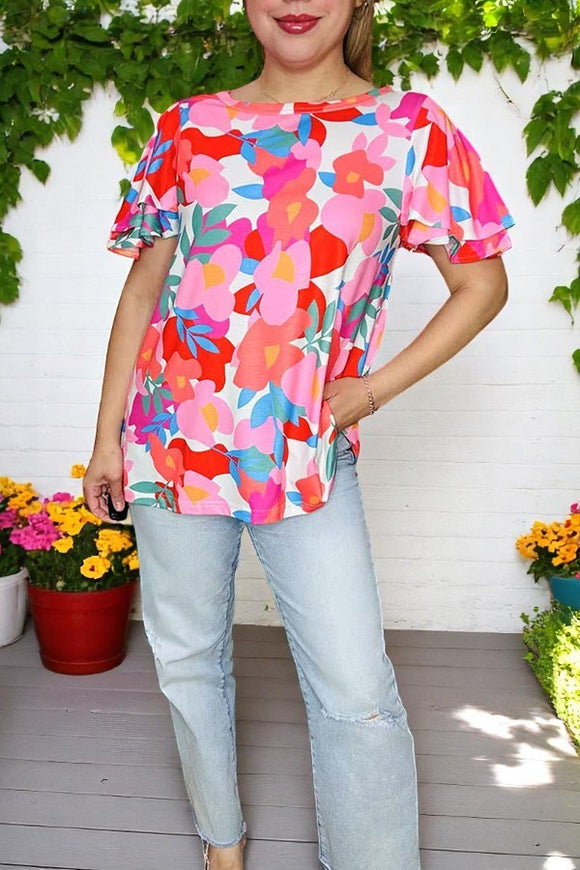 Plus size casual t-shirt Multi color floral printed bell short sleeve women top XCH16212