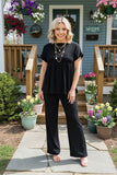 Black elastic front women blouse & wide leg pant 2pc women set XCH16159 IS21