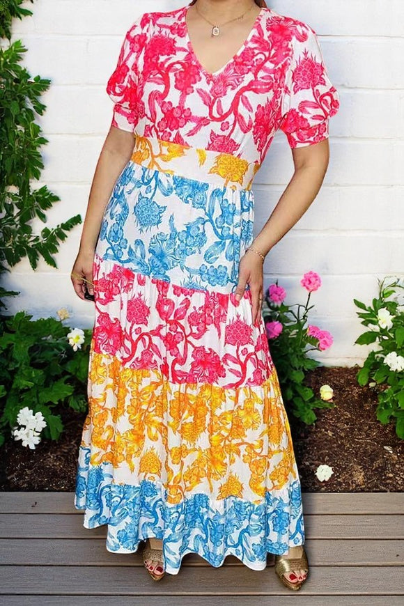 Maxi dress wholesale Floral printed color block & short sleeve & v-neckline XCH16160