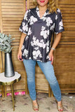 Charcoal and White Floral V-Neck Women Blouse W/Pleated sleeve XCH16204 CS7