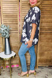 Charcoal and White Floral V-Neck Women Blouse W/Pleated sleeve XCH16204 CS7