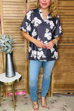 Charcoal and White Floral V-Neck Women Blouse W/Pleated sleeve XCH16204 CS7