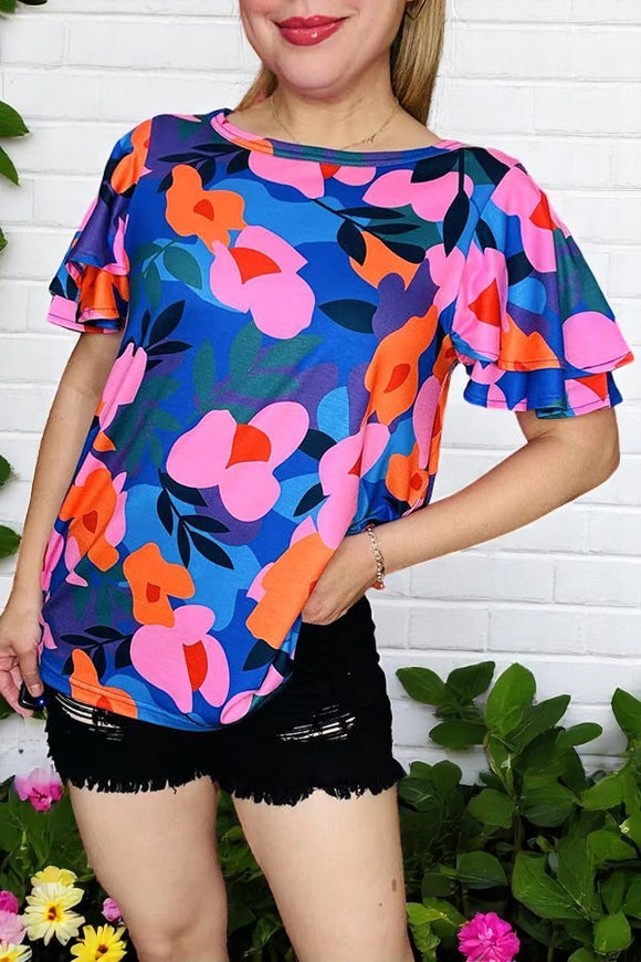 Shop floral women t-shirt wholesale Pink & orange & blue printed w/ruffle short sleeves XCH16211