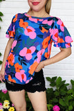 Shop floral women t-shirt wholesale Pink & orange & blue printed w/ruffle short sleeves XCH16211