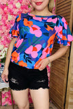 Shop floral women t-shirt wholesale Pink & orange & blue printed w/ruffle short sleeves XCH16211
