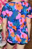 Shop floral women t-shirt wholesale Pink & orange & blue printed w/ruffle short sleeves XCH16211