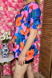 Shop floral women t-shirt wholesale Pink & orange & blue printed w/ruffle short sleeves XCH16211