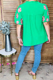 Flower embroidery green crepe fabric lantern short sleeve women top XCH16346 CS6