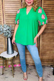 Flower embroidery green crepe fabric lantern short sleeve women top XCH16346 CS6