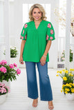 Flower embroidery green crepe fabric lantern short sleeve women top XCH16346 CS6