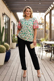 Clearance--Pink floral embroidery & green floral puff sleeve women top XCH16348
