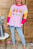Plus size sequin Nutcracker round neck pink long sleeve women top XCH16401 GS7