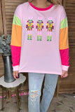 Plus size sequin Nutcracker round neck pink long sleeve women top XCH16401 GS7