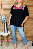 Restock--Floral embroidery black ragon bell short sleeve women top XCH16506