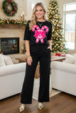 Christmas pink sequin candy cane patch black short sleeve women t-shirt XCH16542 AS11