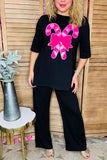 Pink sequin candy cane patch black short sleeve women t-shirt XCH16542