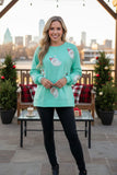 Christmas sequin santa pacth turqupoise long sleeve women blouse w/slit XCH16547 AS15